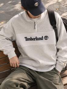 Timberland Men's Half-Zip Sweatshirt MEDIUM GREY HEA, FQ Stand Collar Half-Zip Color-Block Sports Outdoor Pullover A6J2F052 - White Gray - View 1