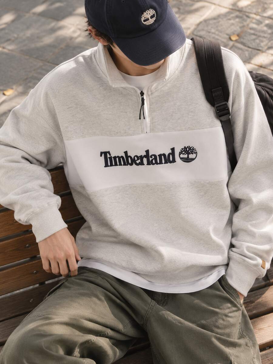 Timberland Men's Half-Zip Sweatshirt MEDIUM GREY HEA, FQ Stand Collar Half-Zip Color-Block Sports Outdoor Pullover A6J2F052 - White Gray - View 1