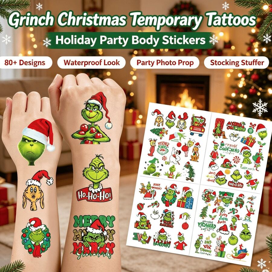 The Grinch 4pcs/Set Temporary Decorative Stickers, Green Monster Pattern, Suitable For Christmas Party Photo Props, Home Holiday Fun, Can Be Used As Christmas Stocking Fillers, Holiday Party Small Gifts - Multicolor - View 1