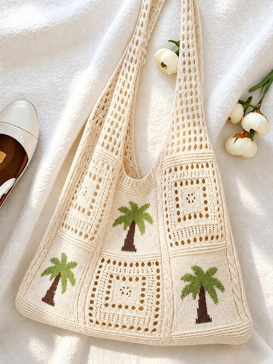 Women's Summer Beach Tote Bag, Crochet Design With Turtle Pattern, Large Capacity Open Handle, Suitable For Casual Outings And Seaside Vacations