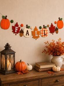 Fall Felt Garland Banner With FALL Letters Pumpkin Maple Leaf Acorn & Pom Pom Decorations, 2D Flat Autumn Thanksgiving Hanging Decor For Fireplace Mantel Wall Home Party, Non-Lighted - View 9