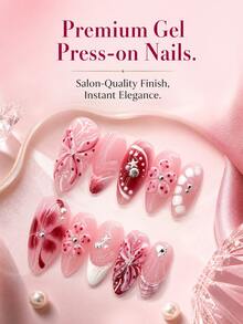NAIO 10pcs Almond Shaped Press-On Nails, Pink Gradient 3D Bow Shell Star Rhinestone Design, Glossy Full Coverage Fake Nails, Suitable For Date Party Daily Wear - Multicolor - View 1