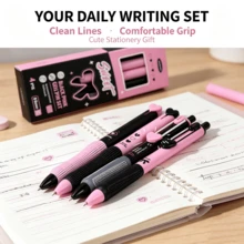 4pcs Black & Pink Heart-Shaped Retractable Gel Pen Set, 0.5mm Black Ink, Cool & Sweet Style Retractable Water Pens, Cute Stationery Gift Box, Suitable For Students Exams, Note-Taking, Birthday Gifts - A - View 5