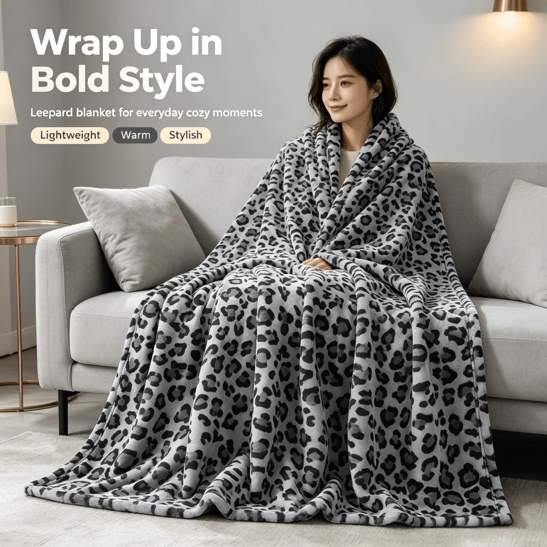 Grey Leopard Print Thickened Flannel Blanket, Skin-Friendly Soft No Shedding, Sofa Bedroom Throw Blanket, Cool Style Home Decor Blanket - Multicolor - View 1