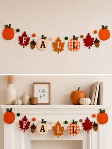 Fall Felt Garland Banner With FALL Letters Pumpkin Maple Leaf Acorn & Pom Pom Decorations, 2D Flat Autumn Thanksgiving Hanging Decor For Fireplace Mantel Wall Home Party, Non-Lighted - View 6