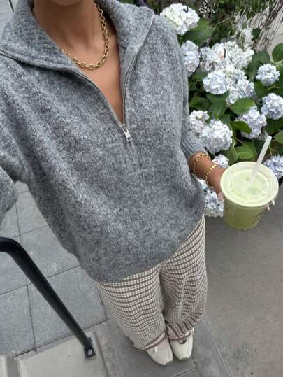 SEREN New Autumn/Winter Grey Half-Cardigan Knit Sweater For Women, Loose Casual Minimalist Style, Winter Pullover, Suitable For Daily Commute And Outdoor Wear