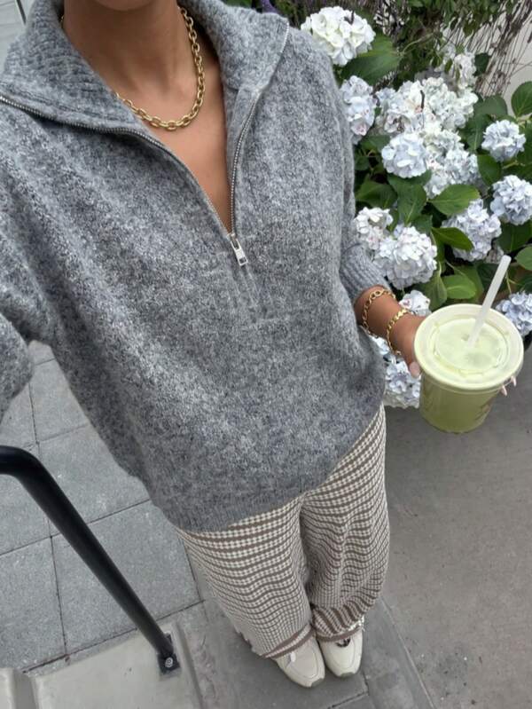 SEREN New Autumn/Winter Grey Half-Cardigan Knit Sweater For Women, Loose Casual Minimalist Style, Winter Pullover, Suitable For Daily Commute And Outdoor Wear