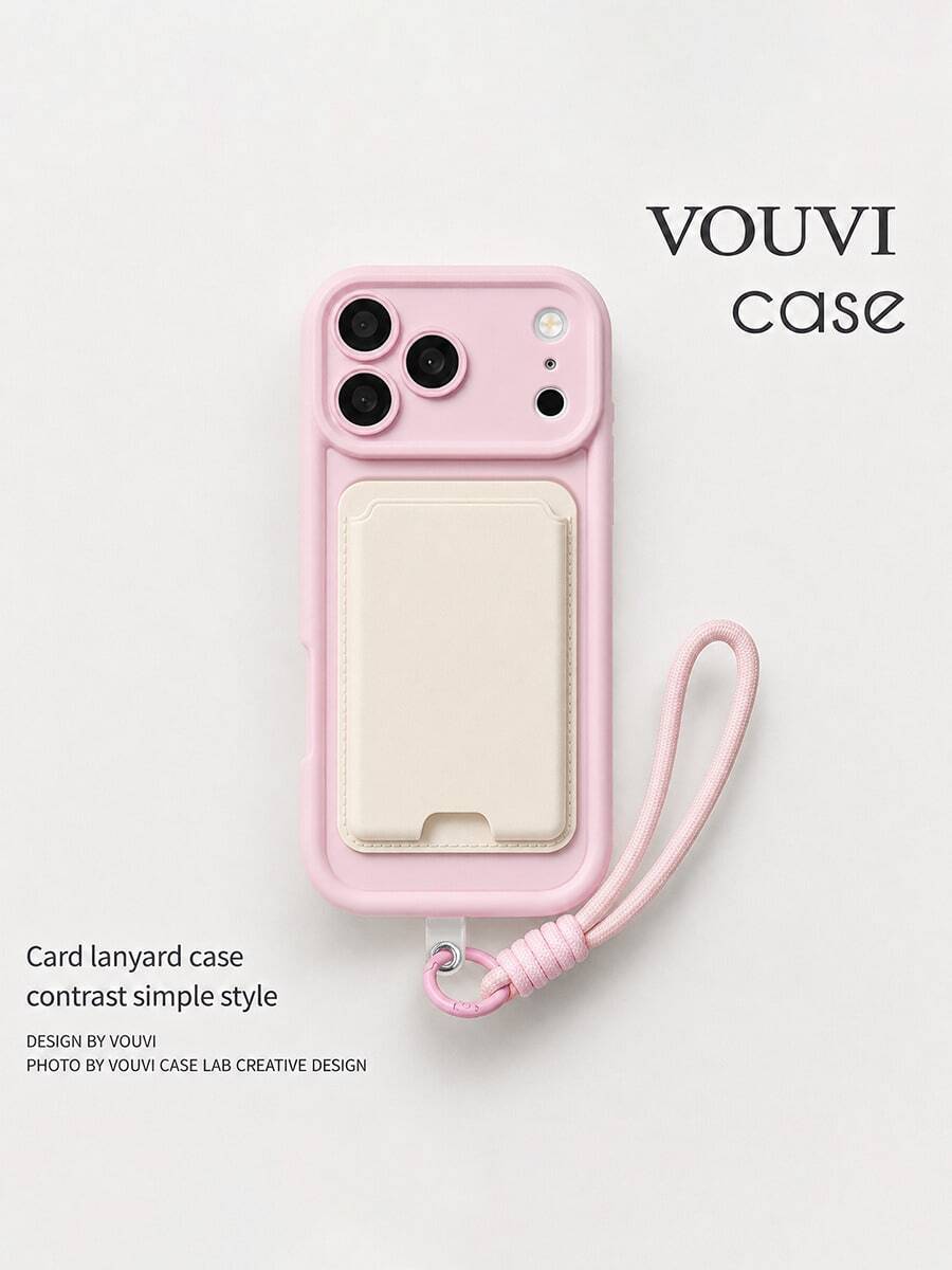 VOUVI Casing Ponsel Dopamine 4-in-1 dengan Perekat Hisap, Tempat Kartu, dan Tali Gantungan, Kompatibel dengan iPhone 17 16 15 14 13 12 11 Pro Max, Tahan Guncangan, Warna Solid Matte, Casing Lembut Multifungsi, Kompatibel dengan 16 15 14 Plus - Tali gantungan dengan perekat hisap berwarna merah muda dan putih. - View 1