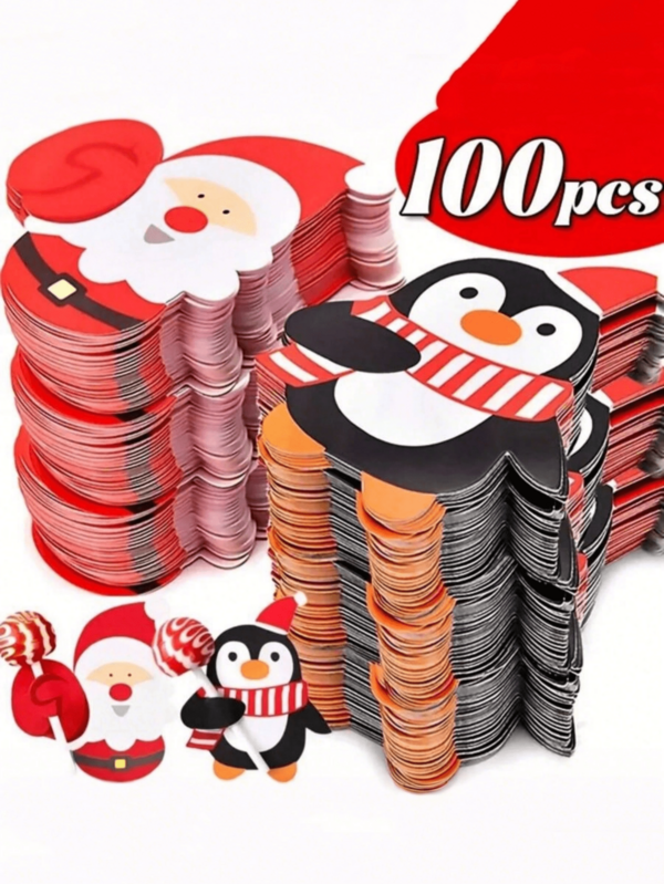 100pcs/Christmas Gift Cards,DIYSanta Claus Lollipop Cards,Candy Racks,Giftpackaging,Candy Party GiftsChristmas Party SuppliesChristmas Decorations,ChristmasgiftsChristmas Gift Bags,Christmas StickersSanta Claus Penguin Lollipop Paper Card Decorations