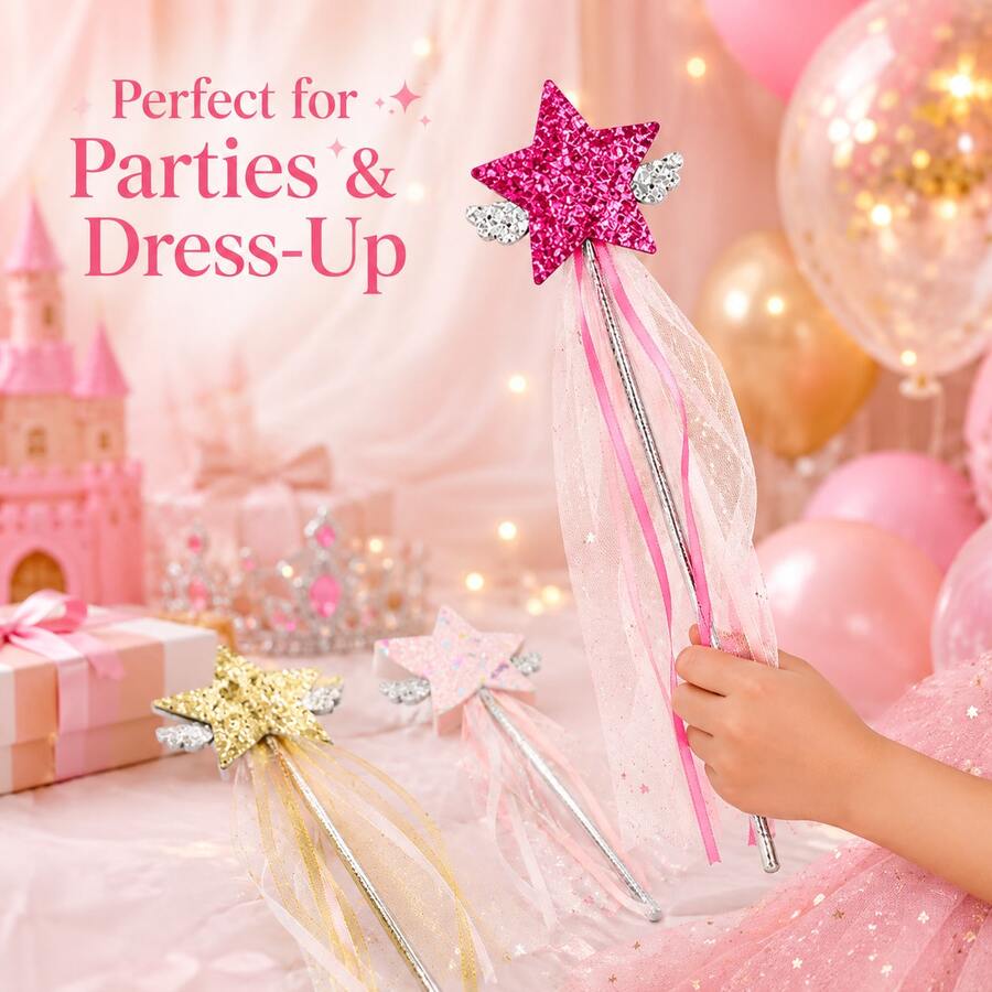 1pc Luxury Glitter Star Decor Stick With Silver Mini Wings & Star Printed Ribbons,Halloween - Multicolor - View 1
