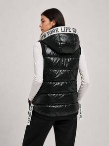 Women's Hooded Puffer Vest, Bubble Fit, Knitted Cuffs, Zip Front, 2 Pockets, Longer Back, Synthetic Down, Spring Autumn Casual - Dark Grey - View 3