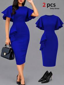 Spring Summer Autumn Women's Hot-Selling Elegant Vintage Solid Color Round Neck Ribbon Bodycon Dress - Blue - View 1