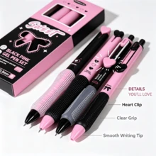 4pcs Black & Pink Heart-Shaped Retractable Gel Pen Set, 0.5mm Black Ink, Cool & Sweet Style Retractable Water Pens, Cute Stationery Gift Box, Suitable For Students Exams, Note-Taking, Birthday Gifts - A - View 3