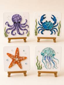 1pc DIY Sea Glass Mosaic Art Kit, Ocean Animal Theme. This All-In-One Craft Set Includes Easel, Tweezers And Other Tools, Suitable For Adult Handmade Crafts, Home Decor And Tabletop Decoration, Also Can Be Given As Birthday Or Holiday Gift. - Multiple Styles - View 3