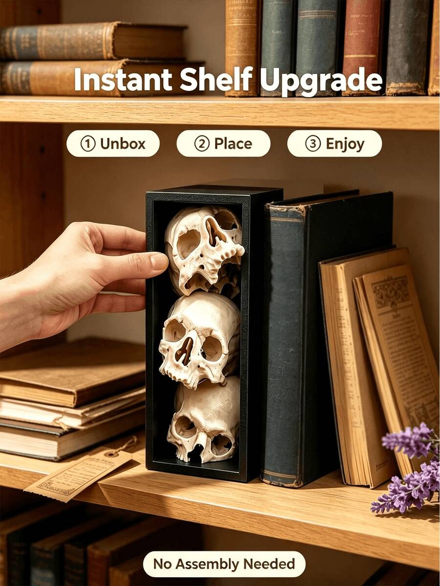 ديكور رف كتب بتصميم جماجم متراصة | ديكور رف كتب قوطي بتصميم جماجم متراصة، مناسب لرفوف الكتب والمكتبات والمكاتب وعروض هالوين ومساحات الأكاديمية المظلمة - جمجمة - مشاهدة 1