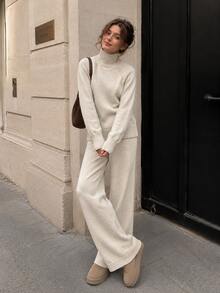 Damen Bescheidenes Outfit mit Hochhals Strickpullover und Weite Beinhose, Zweiteiler, Mittlere Dehnbarkeit für Herbst Alltagsmode - Aprikosenfarben - Übersicht 1