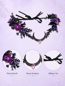 Dark Gothic Moon Floral Vine Fairy Headpiece, Mysterious, Vintage, Romantic Women's Hair Accessory, Exquisite Handmade, Suitable For Cosplay, Wedding, Halloween - Purple - View 5