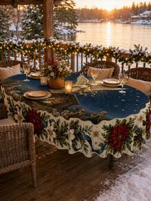 1pc Christmas Holy Night Starry Sky Square/Round/Oval Tablecloth, Nativity And Angel Worship Pattern, Lily, Poinsettia And Pine Branch Border, 100D Matte Polyester Dining Tablecloth, Suitable For Balcony, Patio, Gathering And Winter Holiday Decoration - Christmas-d - View 6