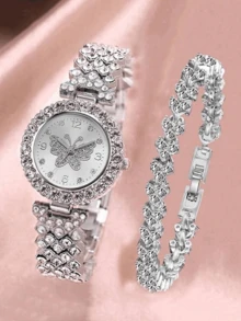 2/1pc Set Silver Alloy Watch Band Women's Watch Set, Fashionable Luxury Rhinestone Butterfly Element Dial Quartz Watch Bracelet Set, Suitable For Daily Outfit Matching Or As A Holiday Gift - Silver - View 6