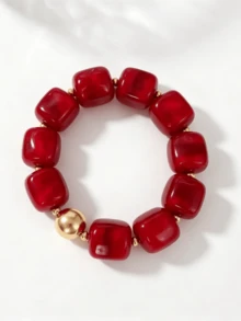 1pc Bohemian Summer Beach Colorful Resin Square Bead Elastic Bracelet, Gold Spherical Spacer Design, Stackable Bracelet For Women's Daily Wear And Vacation Outfit Jewelry - Multicolor - View 7