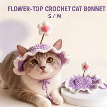 1pc Purple Crochet Flower Cat Hat With Ear Openings, White Wavy Ruffle Brim And Tie, Cute Pet Hat For Cats And Kittens, Spring Party Outfit And Pet Photography Prop, S/M Size - Multicolor - View 4