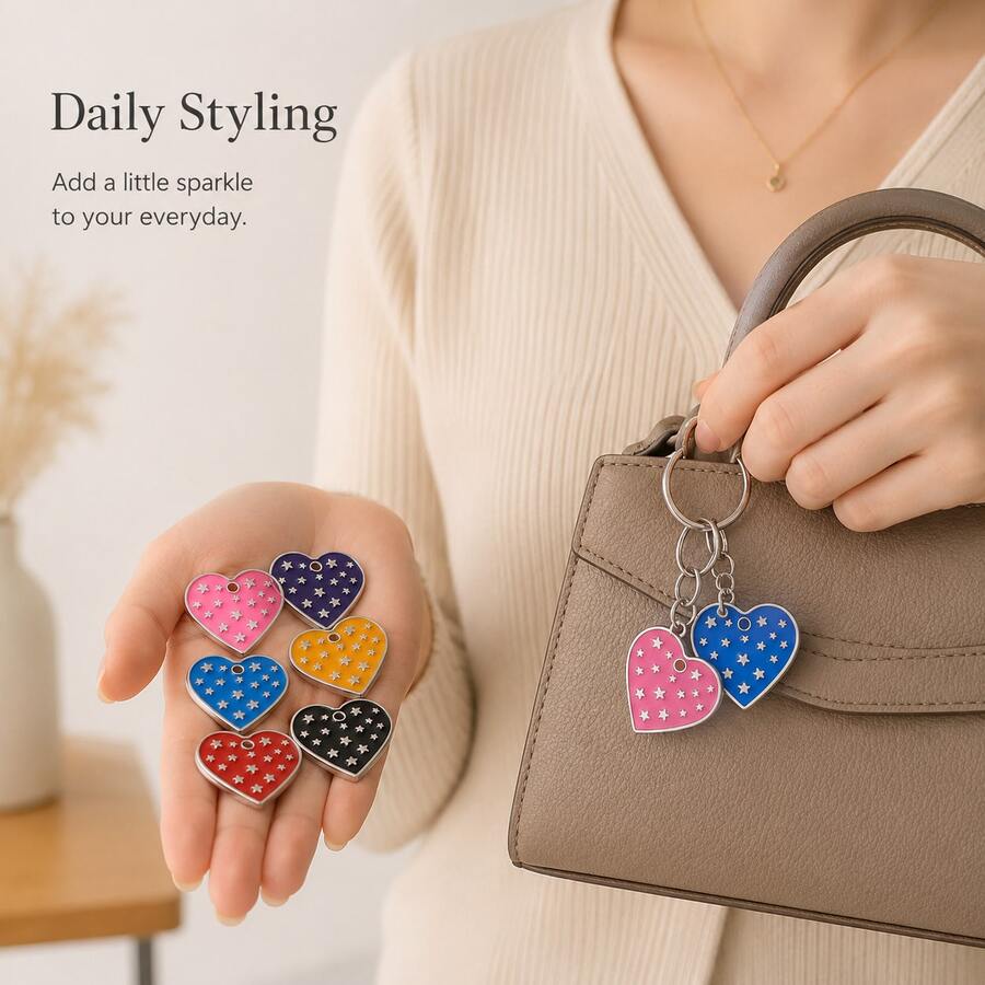 1Pc Colorful Enamel Heart Charms With Split Rings, Star Pattern Alloy Keychain Pendants For Bags, Backpacks, Keys & DIY Accessories - Single Piece - View 1