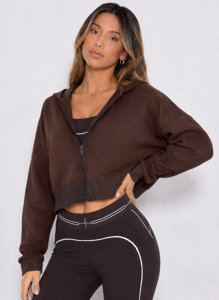 Never me Women's Sports Full Zip Hooded Short Jacket, Dropped Shoulder Loose Fit Cropped Sweatshirt For Casual Fitness - Coffee Brown - View 1