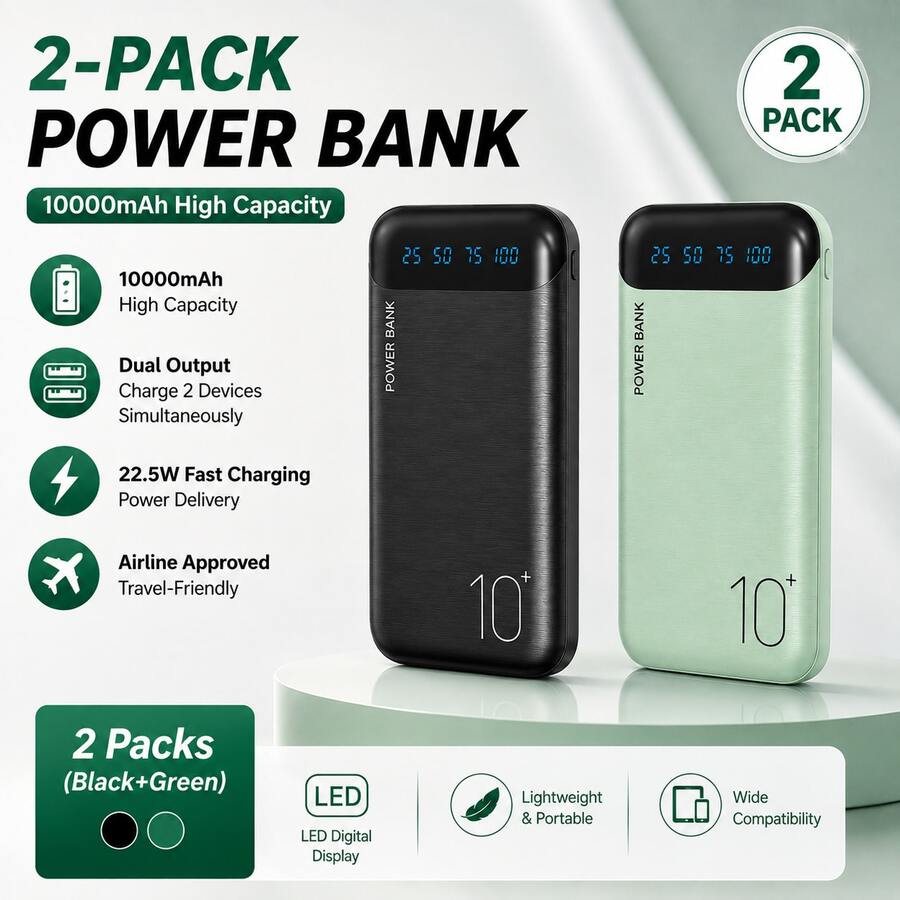 2-Pack Portable Charger 10000mAh, Slim USB C Input And Output Power Bank With LED Display Lightweight External Battery Pack Compatible For Phone 17/16/15/14/13/12, Etc