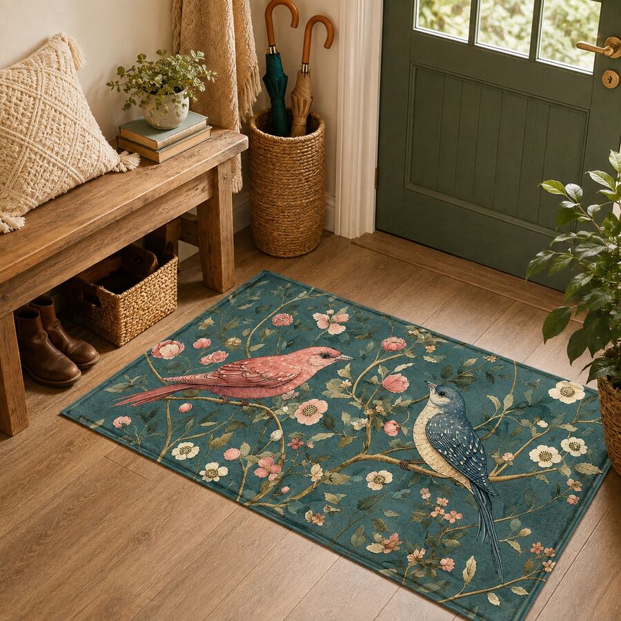 1pc Vintage Floral & Bird Pattern Printed Faux Cashmere Kitchen Mat, Absorbent Kitchen Floor Mat, Kitchen Rug, Long Runner Mat, Sink Front Mat, Suitable For Kitchen, Bathroom, Entryway, Hallway, Laundry Room And Home Decor - Multicolor - View 1