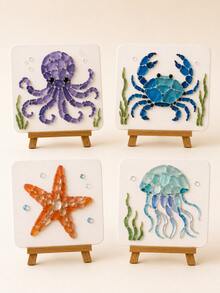 1pc Ocean Theme Sea Glass Mosaic DIY Art Kit, Animal Patterns Available Including Blue Crab, Octopus, Starfish And Jellyfish, Handmade Decorative Craft Project, Suitable For Room Decor, Desktop Ornament, Shelf Display, Coastal Home Decor And Gift Giving - Ocean DIY Art Kit - View 2