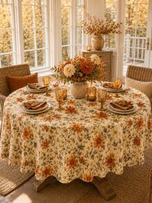 Autumn Floral Tablecloth, Vintage Orange Botanical Autumn Tablecloth, Country Farmhouse Style Harvest Thanksgiving Tablecloth, Suitable For Kitchen Dining Room, Seasonal Autumn Home Decor, Family Dinner Party Floral Tablecloth - Multicolor - View 2