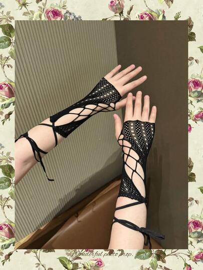 1 Pasang/2pcs/Set Sarung Tangan Penghangat Lengan Berlubang dengan Tali Silang untuk Wanita, Produk Utama, Aksesori Tas, Pesta Halloween, Hari Valentine, Kostum Cosplay Seksi dan Imut