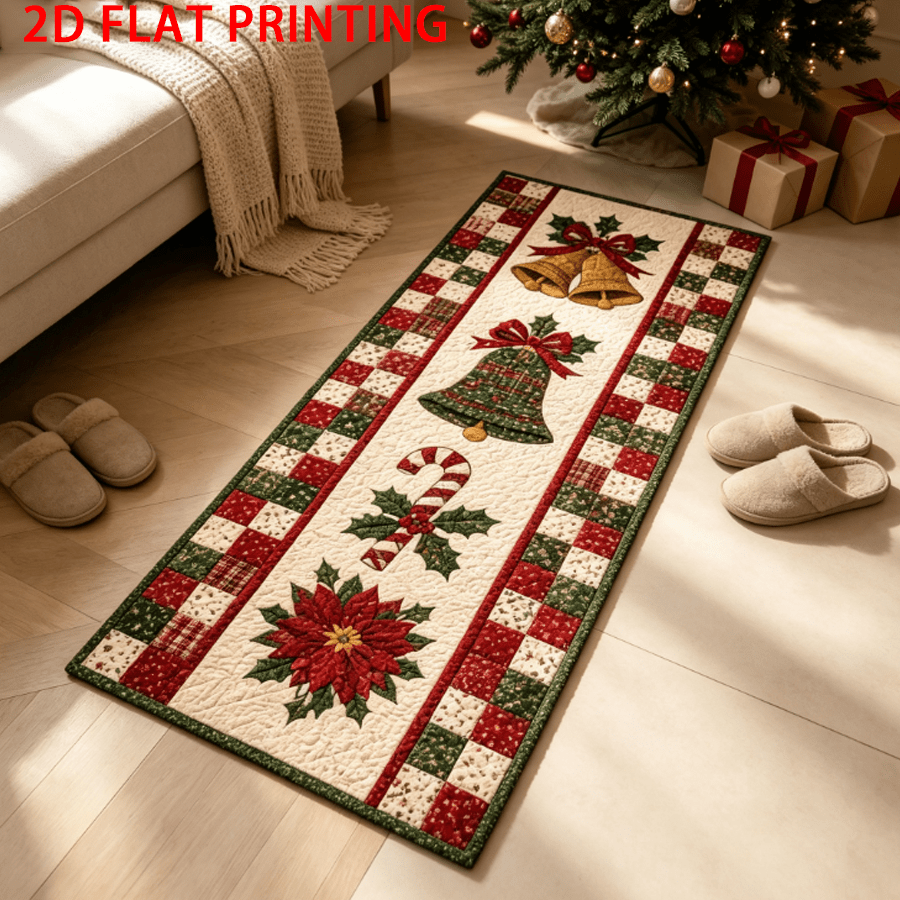 1pc Vintage Christmas Quilted Long Floor Mat, Bell Candy Cane Poinsettia Pattern Area Rug, Holiday Non‑Slip Rug For Entryway Porch Living Room Home Xmas Decoration