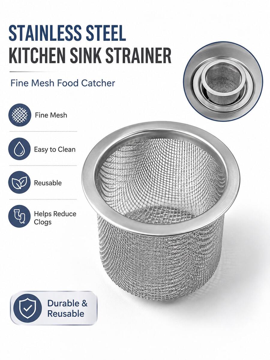 2pcsStainless Steel Kitchen Sink Strainer Basket, Reusable Fine Mesh Drain Filter, Food Scrap Catcher, Anti-Clog Sink Drain Strainer For Daily Kitchen Use - Multiple Styles - View 1