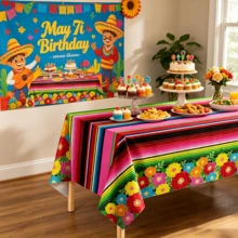 3PCS Colorful Rich Striped Floral Tablecloth, Disposable Rectangular Tablecloth 54*108inch, May 5th Festival Birthday Party Dessert Table Decoration Carnival Universal Tablecloth, No Storage Needed - 137*274 Tablecloth - View 6