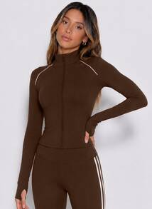 Never me Women's Slim Fit Waist-Cinched Thumbhole Long Sleeve Jacket, Stand Collar Full Zip Yoga Running Training Cardigan - Brown - View 4