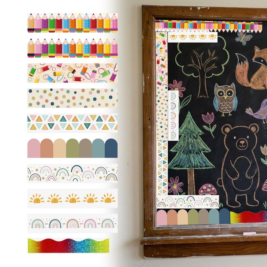 36pcs-Bulletin Board Border Classroom Decoration Blackboard Stickers, Colorful Border Stickers With Adhesive Backing For Classroom Bulletin Board, Fan-Shaped Self-Adhesive School Blackboard Decoration Stickers Suitable For Blackboard And Desk - D - View 1