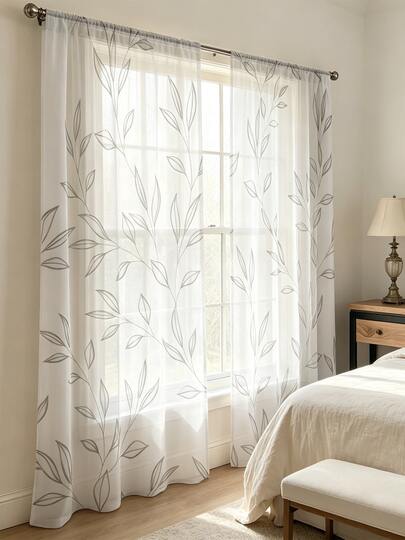 2pcs Minimalist Leaf Pattern Sheer Curtains,Rod Pocket, Elegant Botanical Line Art Print Window Curtains, Light Filtering Voile Drapes For Living Room, Bedroom, Dining Room, Modern Home Decor