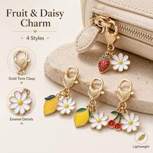 1pc Fruit & Daisy Enamel Bag Charms, Gold Tone Lobster Clasp Keychain Pendants With Strawberry, Lemon & Cherry For Bags, Keys & DIY - Quantity - View 2