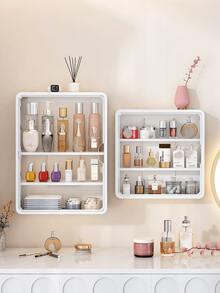 1pc No-Drill Wall-Mounted Cosmetic Storage Rack, Multi-Functional Cosmetic Storage Box With Detachable Shelves, Transparent Bathroom Accessories, Unfinished Surface, Space-Saving Display Box; Also Suitable As Blind Box, Toys Or Medicine Storage - White - View 3