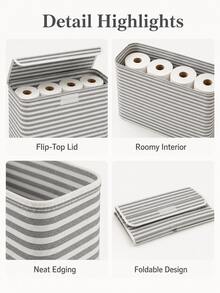Minimalist Fabric Striped Toilet Paper Storage Box With Lid, Foldable Large Capacity Bathroom Organizer Bin For Tissue Rolls, Wipes And Essentials, Space Saving Storage Container For Guest Bathroom, Apartment, Everyday Home Use, All Seasons - Multicolor - View 9