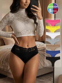5pcs Random Color Lace Patchwork Low Waist Ribbed Cotton Women's Thongs - Multicolor - View 2
