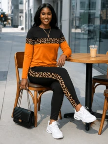 Women's Casual Leopard Print Round Neck 2 Pieces Set, Slightly Elastic, Suitable For Autumn Wear, Elegant - Multicolor - View 1
