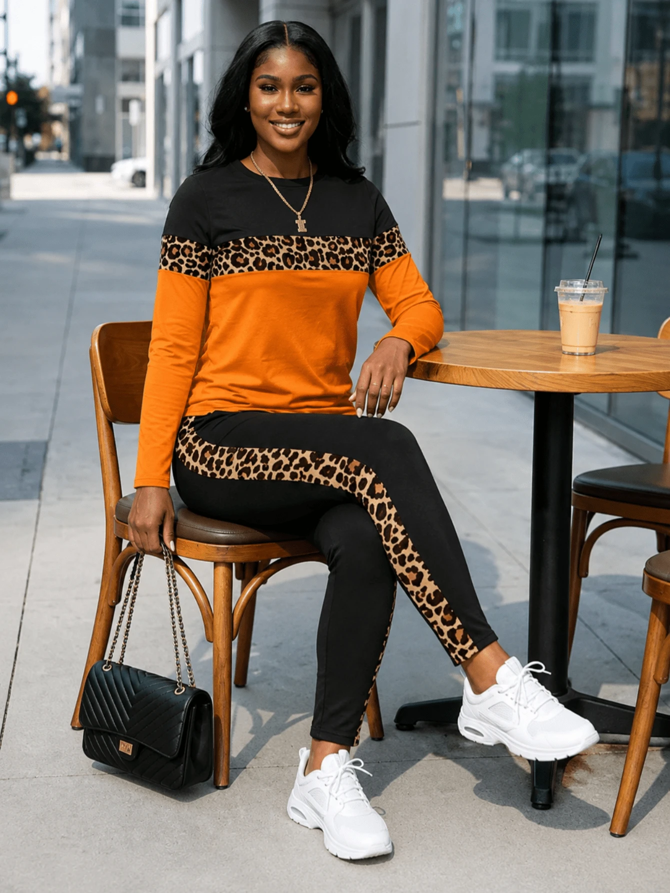 Women's Casual Leopard Print Round Neck 2 Pieces Set, Slightly Elastic, Suitable For Autumn Wear, Elegant - Multicolor - View 1