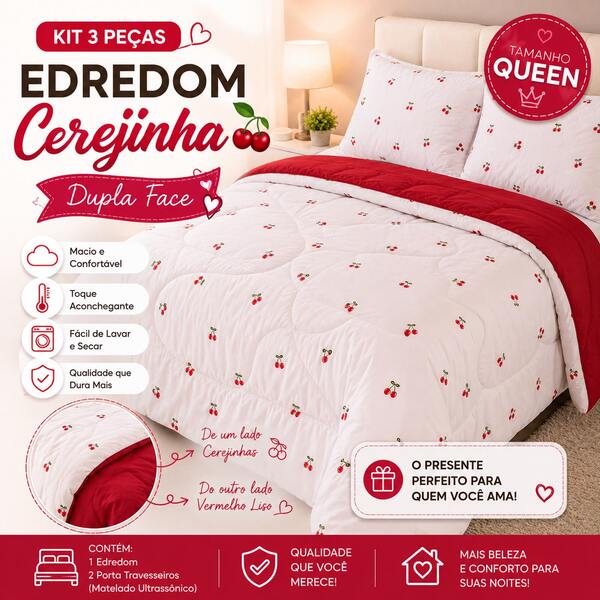 KIT EDREDOM QUEEN ESTAMPADO 180 FIOS CEREJA CEREJINHA PROMOÇÃO