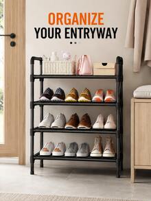 1pc Multi-Layer Steel Tube Shoe Rack With Safety Handle Design, Large Capacity Sturdy Storage Organizer For Home Entryway Bedroom Hallway Living Room Closet, Durable Metal Shelving Unit - Black - View 5