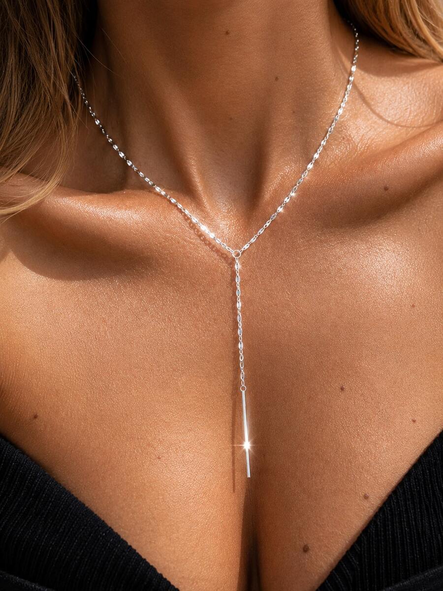 FOREVER QUEEN 925 Sterling Silver Minimalist Personalized Hip-Hop Lip Chain Tassel Pendant Y-Shaped Necklace Sweater Chain Gift Box Set - Y Chain - View 1