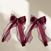 2/1pc Large Elegant Satin Chiffon Ribbon Bow Hair Clip With Long Tail, French Vintage Hair Accessory, Summer Hairband For Women - Burgundy - View 6