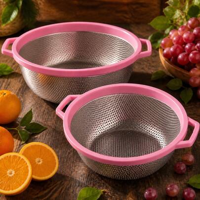 Aesthetic Pink Kitchen Decor Colander (Large/Small Available), Stainless Steel Mesh Food Strainer For Berries & Pasta, Cute Kitchenware Accessories