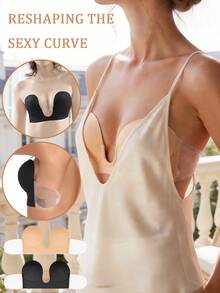 1pc Women's Deep U-Neck Adhesive Bra, Invisible Comfortable With Good Coverage, Reusable 3-4 Times, Suitable For Wedding Dress Photography And More - Khaki - View 1